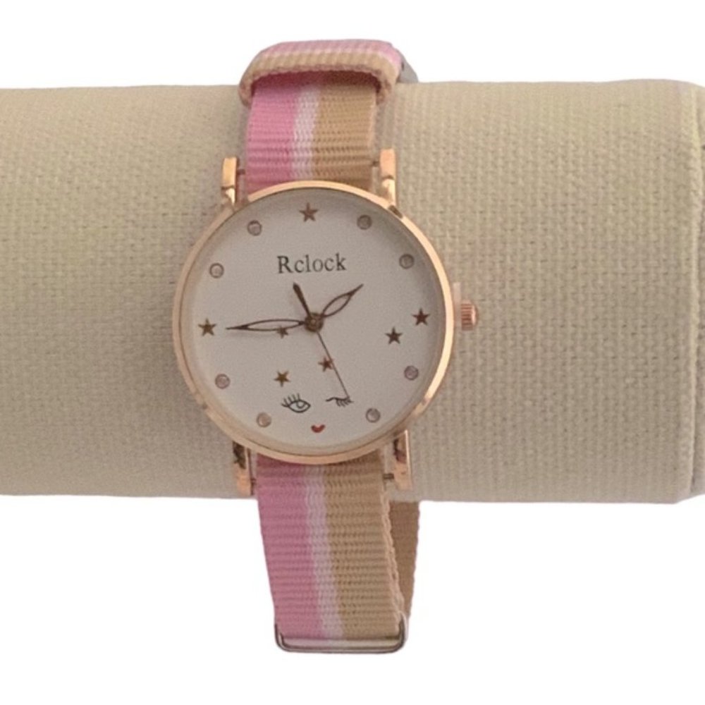 Watch Women’s Analog Round  Adjustable Preppy Stripe Canvas Band Pink Tan - Picture 9 of 12